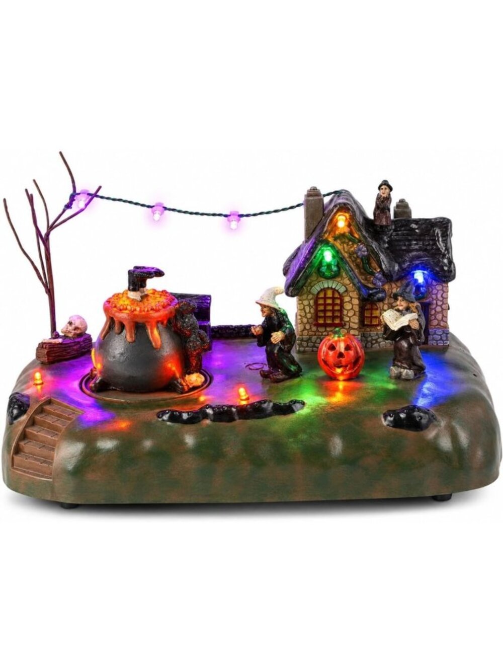Spooky Halloween Village Witch Cauldron Figurine with Lit House - Battery